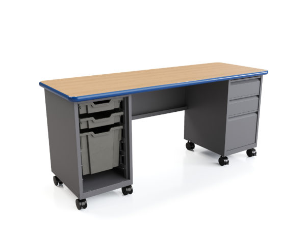 Cascade Teacher Desk, Double Pedestal, w/ two 3" and one 12" Tote (Open) & Box / Box / File Ped