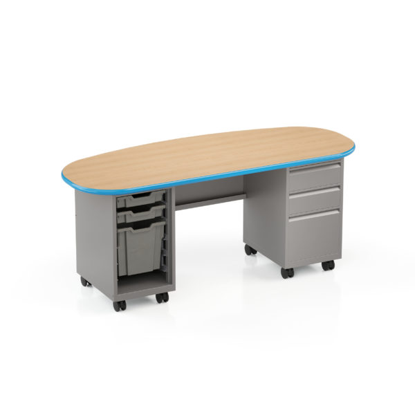 Cascade Teacher Desk, Double Bullet, w/ two 3", one 12" Tote (Open) & Box / Box / File Ped